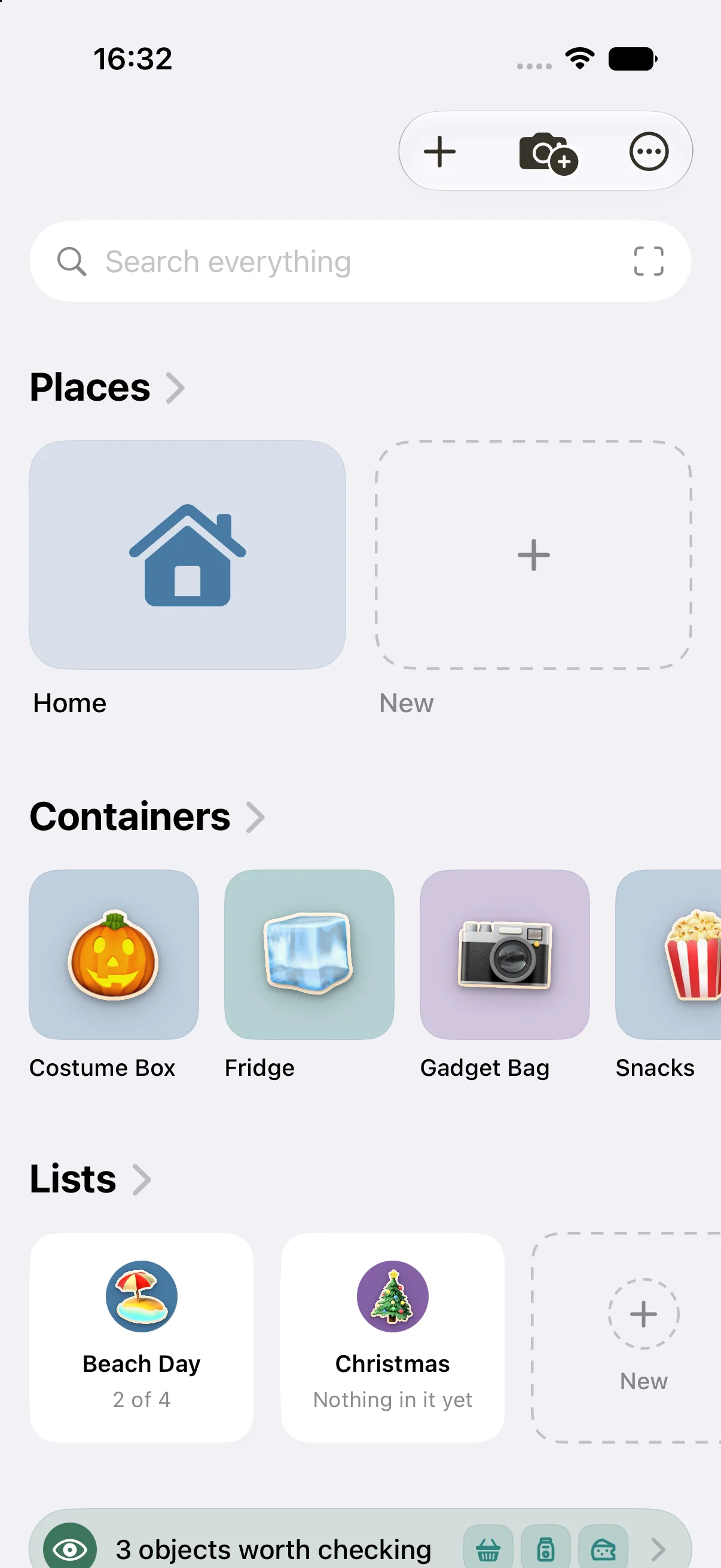 Piilo home screen showing rooms, containers, and lists