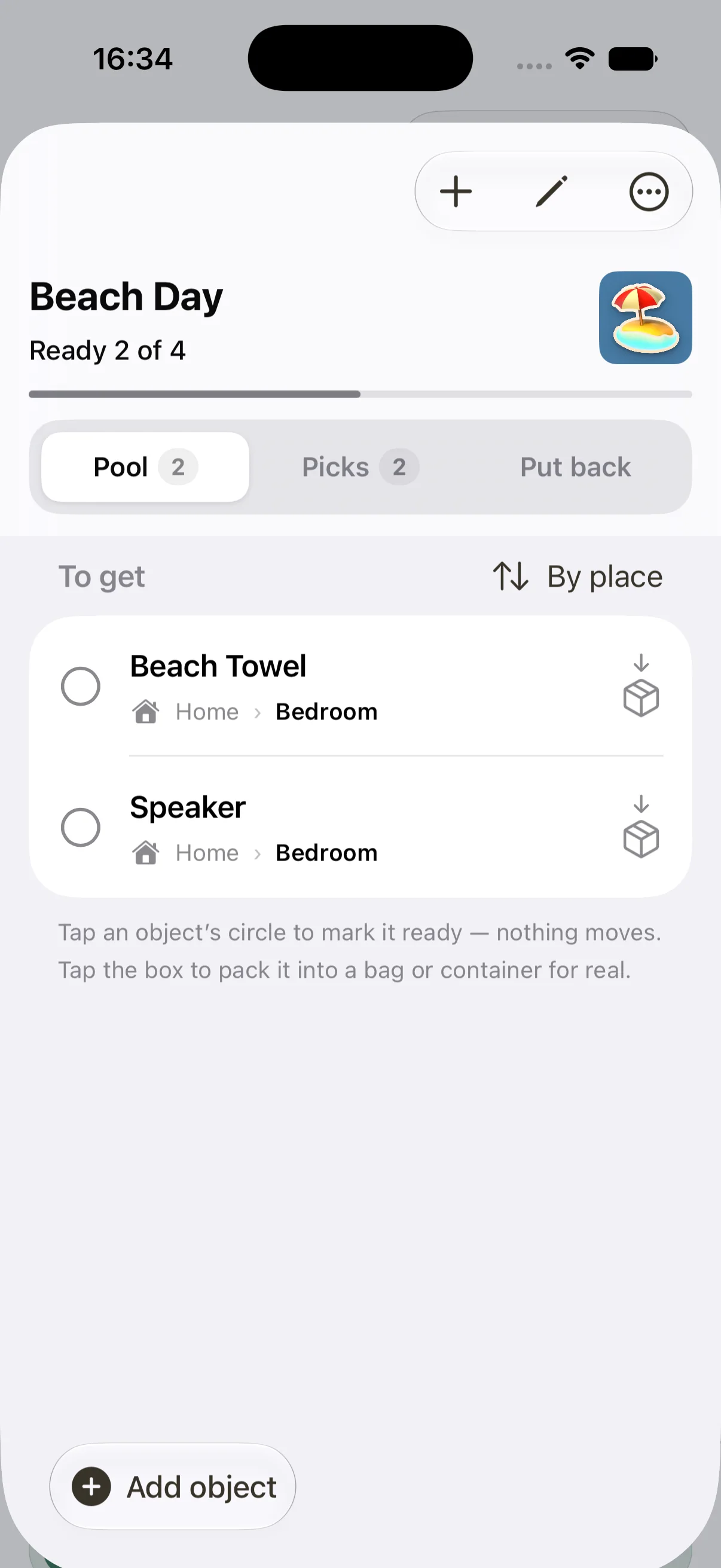A Piilo packing list grouping real objects by where they are kept